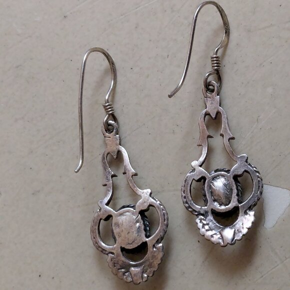 Delicate Ornate Sterling Dangle Earrings with Emerald Colored Inlay - Picture 9 of 10